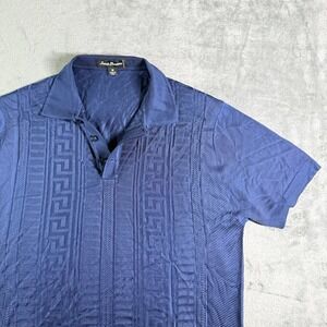 Saint Lorenzo Men's Navy Blue Textured Geo Pattern Short Sleeve Polo Shirt M